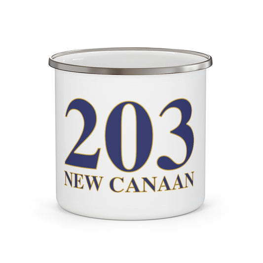 203 New Canaan Enamel Camping Mug  The 203 New Canaan Collection. Show off New Canaan and Connecticut at the same time. Colors were inspired by the Connecticut state flag.   Proceeds help build Finding New Canaan and Finding Connecticut's brand.  