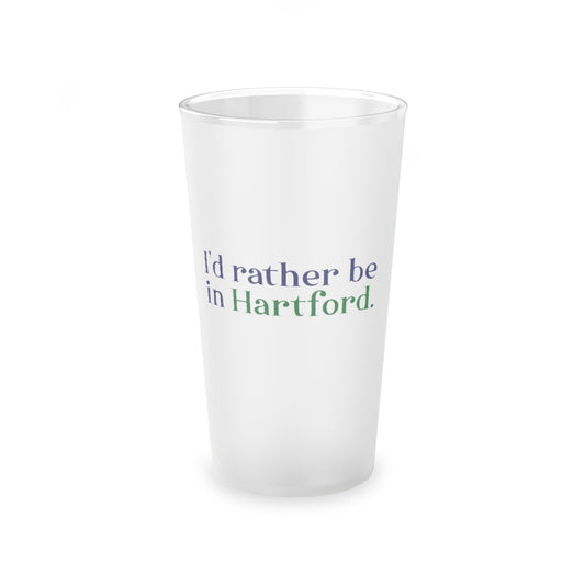 I’d rather be in Hartford Frosted Pint Glass, 16oz  Proceeds of this collection go to help build Finding Connecticut’s website and brand. • Free USA shipping.   Click here to go to our home page 