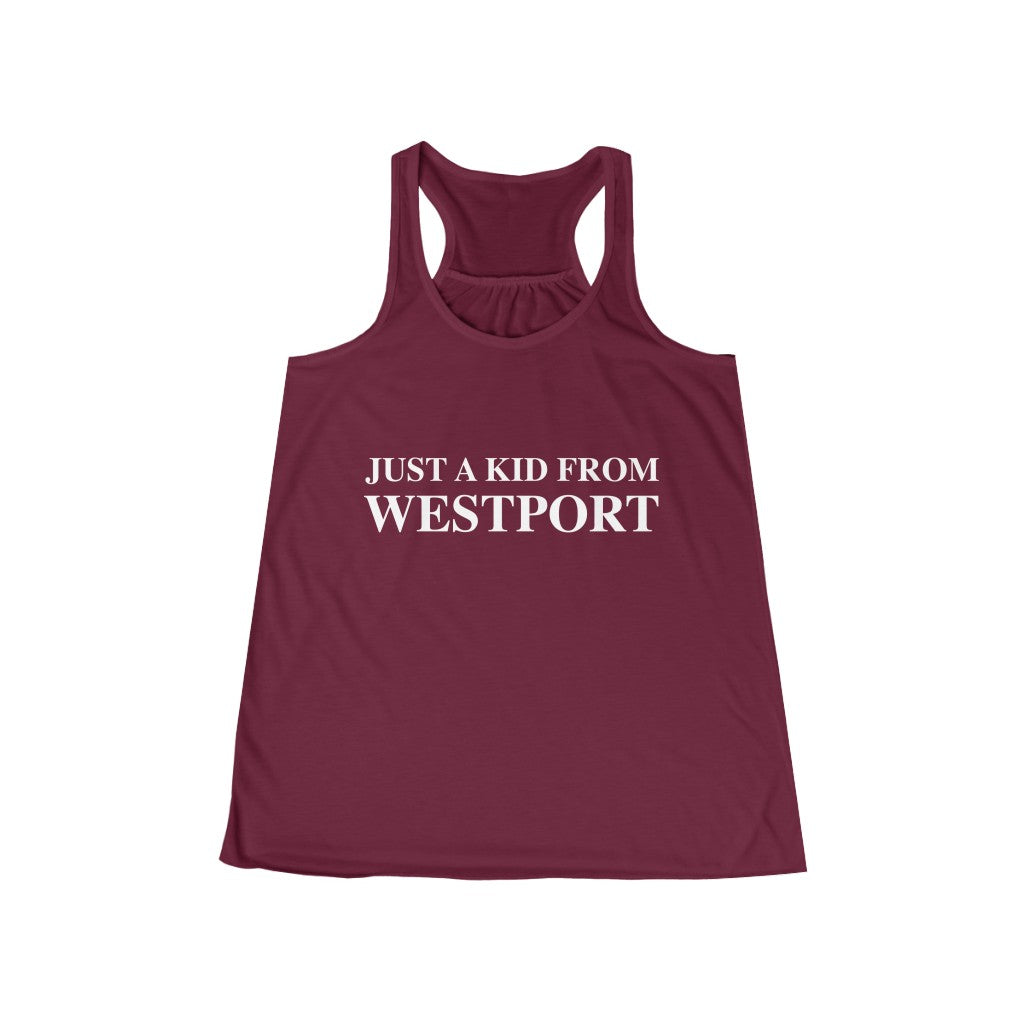 Just a kid from Westport Women's Flowy Racerback Tank