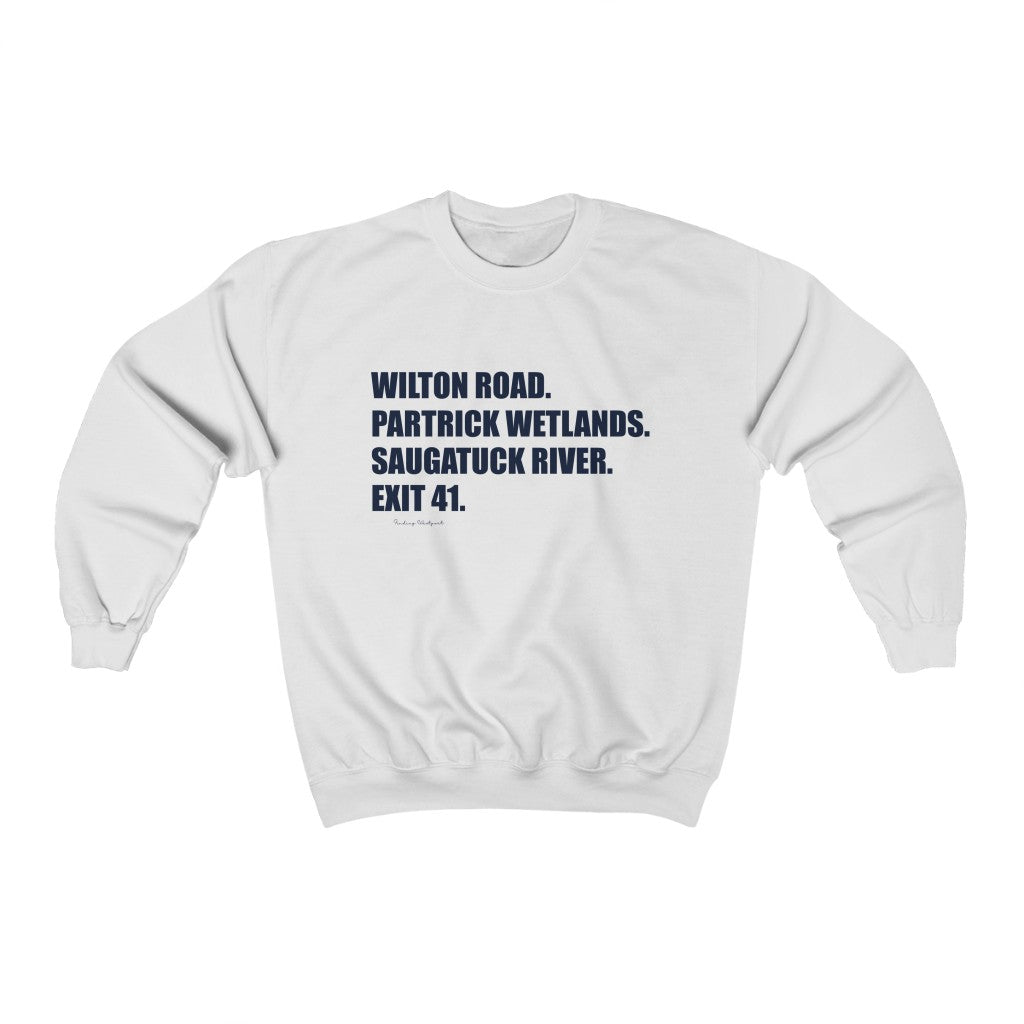 Wilton Road. Partrick Wetlands. Saugatuck River. Exit 41. Unisex Heavy Blend Crewneck Sweatshirt How do you say Westport without saying Westport? Westport, Connecticut is filled with unique aspects. Each providing different elements that make up the town from historic to modern traditions.   Proceeds of this collection goes to help build Finding Westport and Finding Connecticut's  brands.