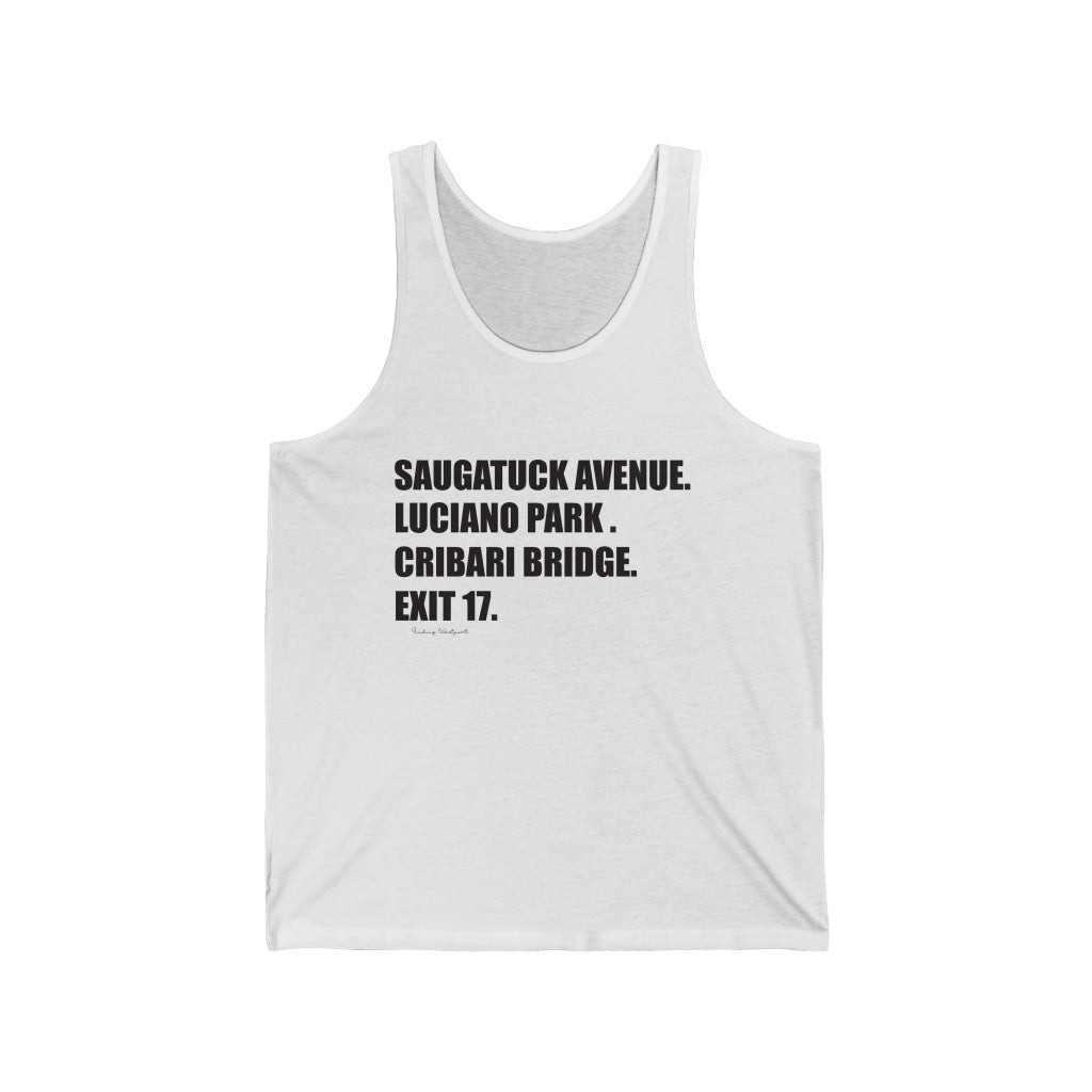 Saugatuck Ave. Luciano Park. Cribari Bridge. Exit 17. Unisex Jersey Tank  How do you say Westport without saying Westport? Westport, Connecticut is filled with unique aspects. Each providing different elements that make up the town from historic to modern traditions.   Proceeds of this collection goes to help build Finding Westport and Finding Connecticut's  brands. 