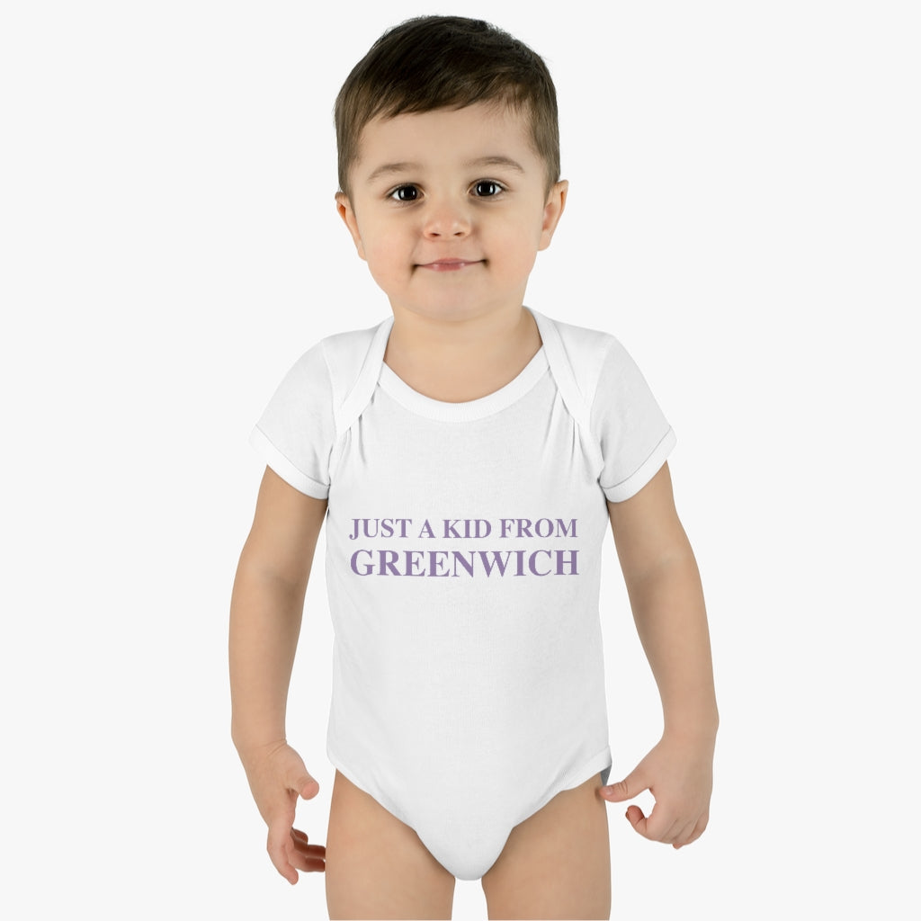 Just a kid from Greenwich Infant Baby Rib Bodysuit