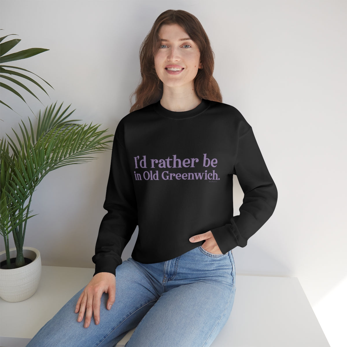 I'd rather be in Old Greenwich. Unisex Heavy Blend™ Crewneck Sweatshirt - Purple Print