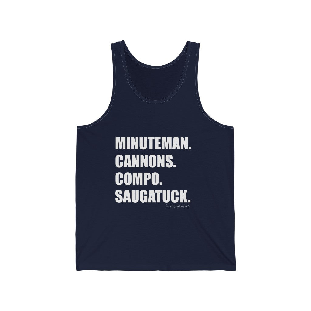 Minuteman. Cannons. Compo. Saugatuck.  Unisex Jersey Tank