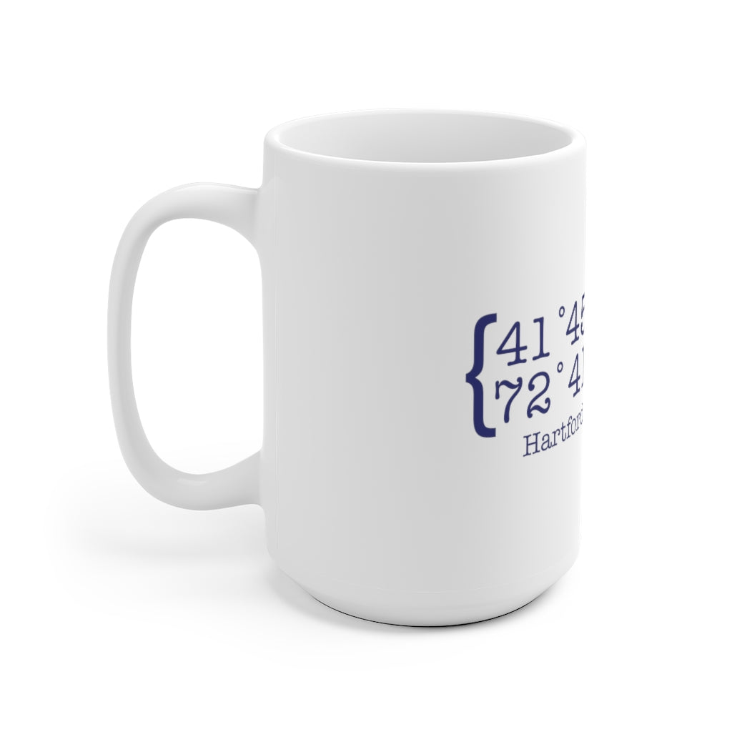 Hartford Coordinates White Ceramic Mug  Proceeds help grow Finding Connecticut's website and brand.   Click here to return to our home page. 