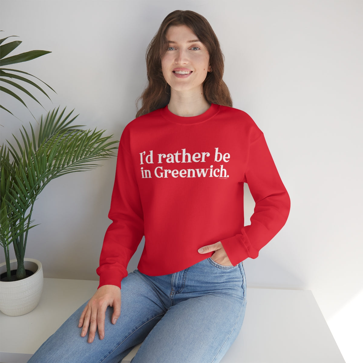 I'd rather be in Greenwich. Unisex Heavy Blend™ Crewneck Sweatshirt - White Print