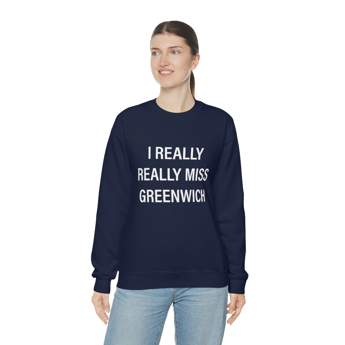 I Really Really Miss Greenwich Unisex Heavy Blend™ Crewneck Sweatshirt- White Print