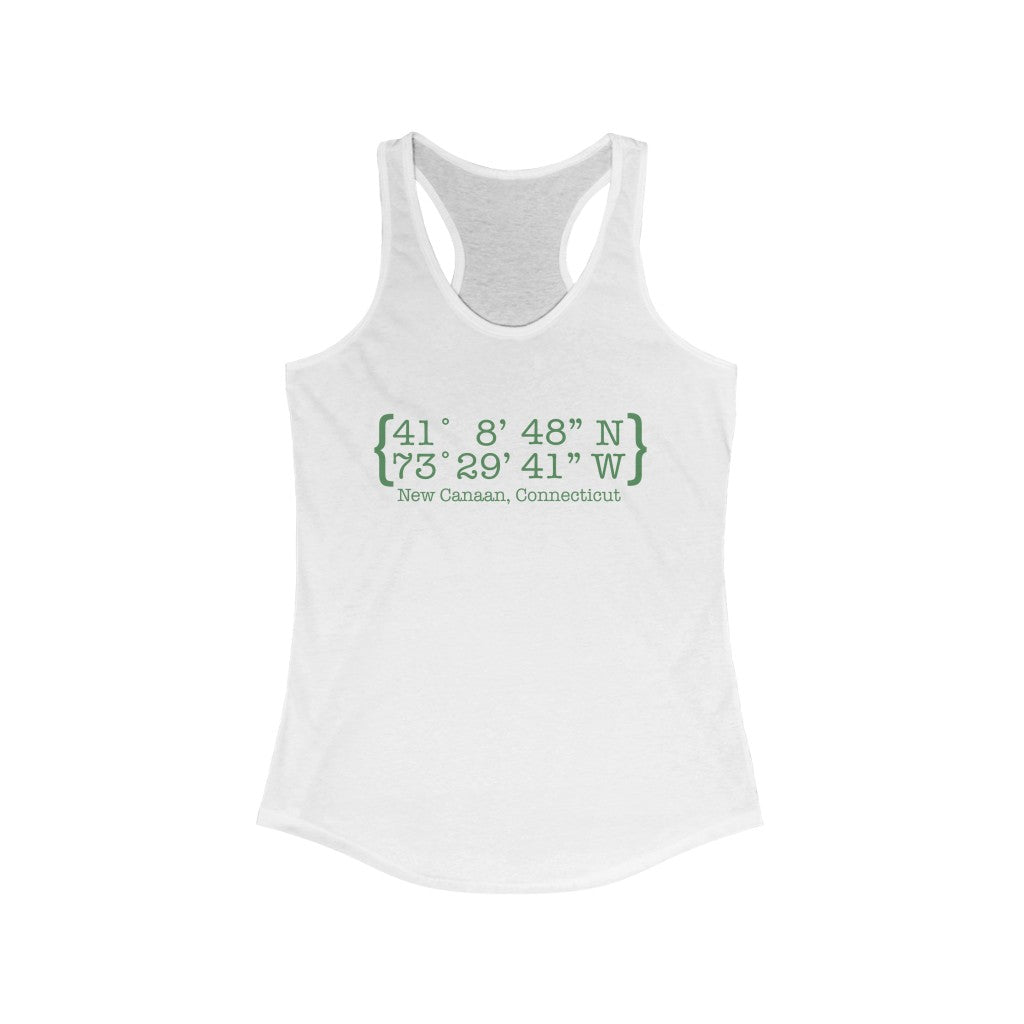  New Canaan Coordinates Women's Ideal Racerback Tank  Does New Canaan, Connecticut always have a special place in your heart. The Coordinates collection marks the spot for the special place you have ties to.   Proceeds helps grow Finding New Canaan and Finding Connecticut's brand grow. 