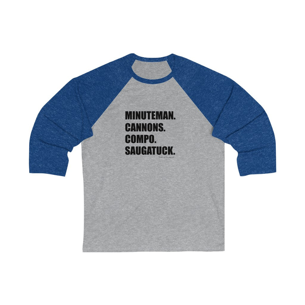 Minuteman. Cannons. Compo. Saugatuck. Unisex 3\4 Sleeve Baseball Tee