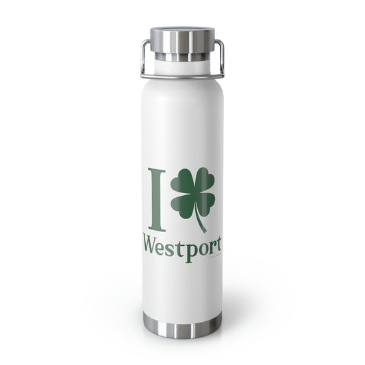 westport connecticut st patricks day water bottle, i clover westport. 