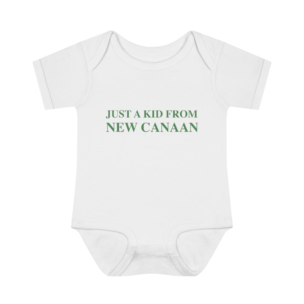  Just a kid from New Canaan Infant Baby Rib Bodysuit  Are you proud to be from New Canaan?  Show the world where you're from New Canaan! Represent New Canaan with this collection!   Proceeds from this collection help grow Finding New Canaan and Finding Connecticut websites and brands. 