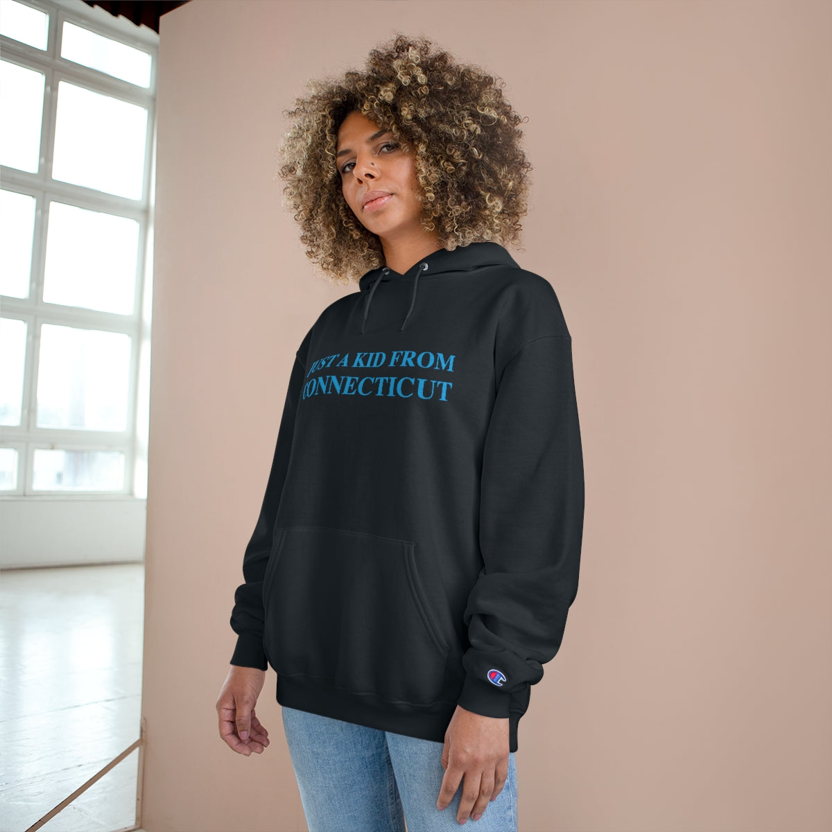 Just a kid from Connecticut Champion Hoodie - Blue Font