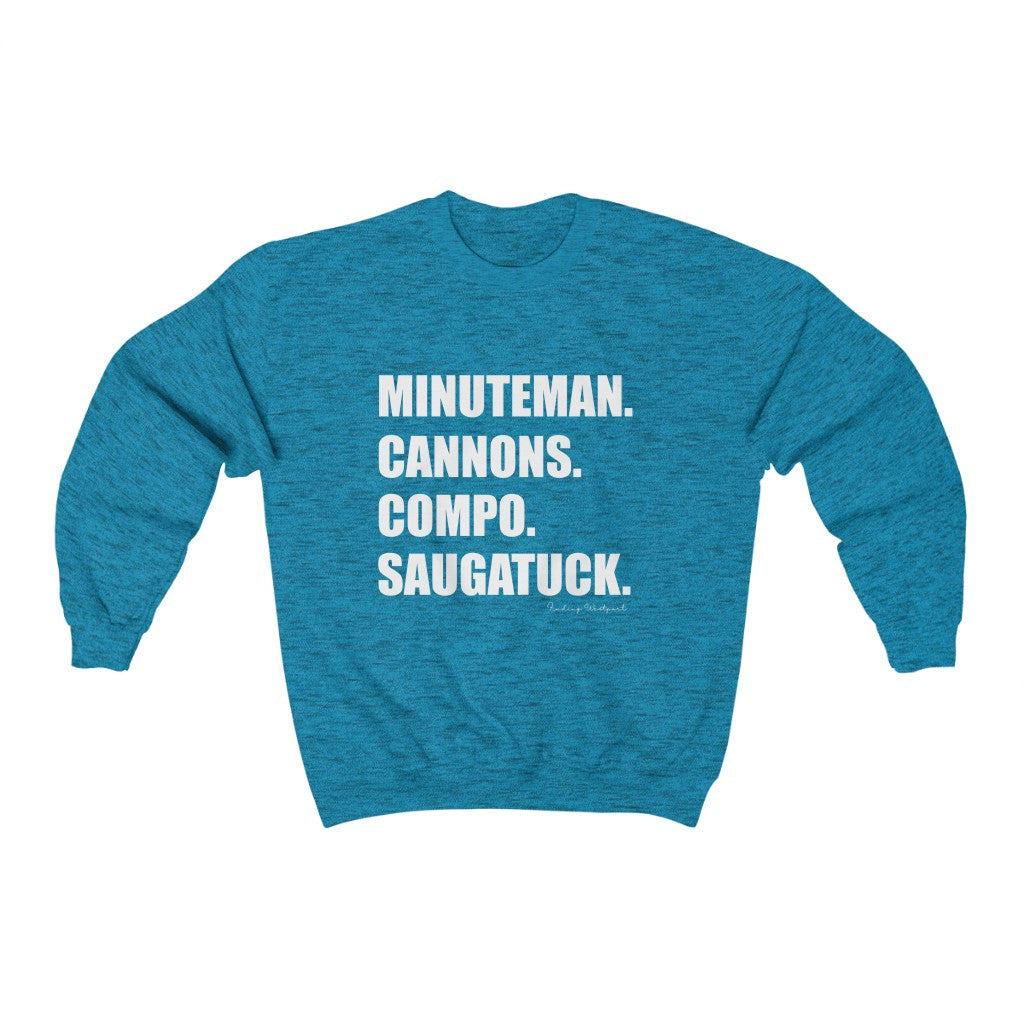 Minuteman. Cannons. Compo. Saugatuck. Unisex Heavy Blend Crewneck Sweatshirt  How do you say Westport without saying Westport? Westport, Connecticut is filled with unique aspects. Each providing different elements that make up the town from historic to modern traditions. Minuteman. Cannons. Compo. Saugatuck. You know its Westport.   Proceeds of this collection goes to help build Finding Westport and Finding Connecticut's  brands. 