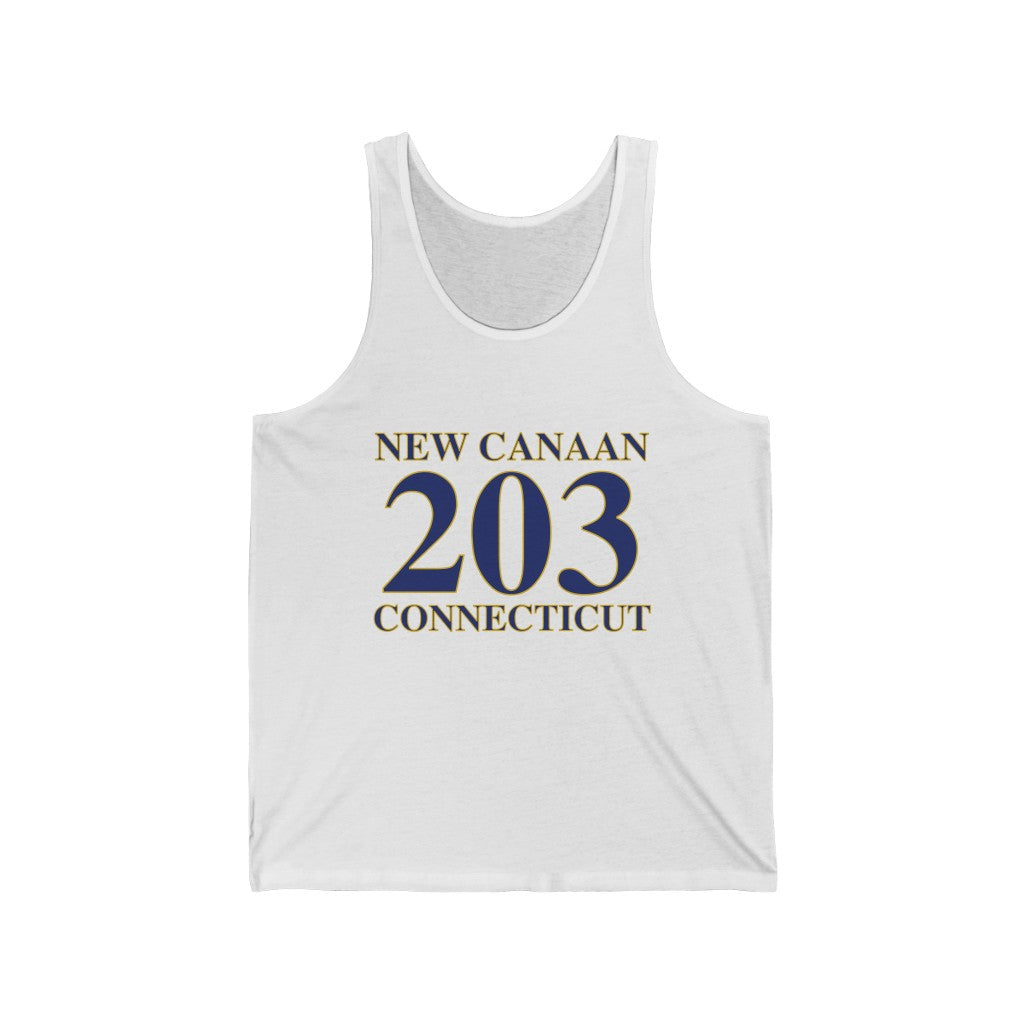 New Canaan 203 Connecticut Unisex Jersey Tank  The 203 New Canaan Collection. Show off New Canaan and Connecticut at the same time. Colors were inspired by the Connecticut state flag.   Proceeds help build Finding New Canaan and Finding Connecticut's brand.  