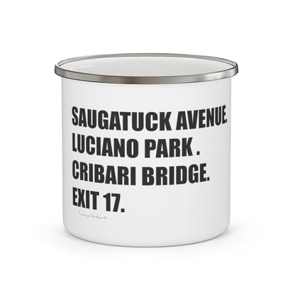 Saugatuck Ave. Luciano Park. Cribari Bridge. Exit 17. Enamel Camping Mug  How do you say Westport without saying Westport? Westport, Connecticut is filled with unique aspects. Each providing different elements that make up the town from historic to modern traditions.   Proceeds of this collection goes to help build Finding Westport and Finding Connecticut's  brands. 