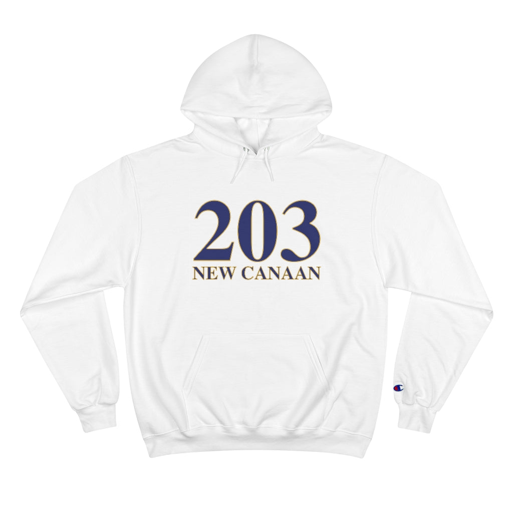 203 New Canaan Champion Hoodie  The 203 New Canaan Collection. Show off New Canaan and Connecticut at the same time. Colors were inspired by the Connecticut state flag.   Proceeds help build Finding New Canaan and Finding Connecticut's brand. 