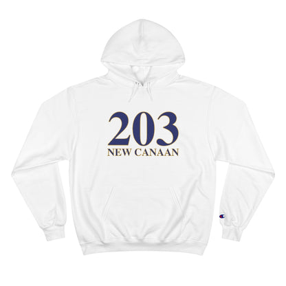 203 New Canaan Champion Hoodie  The 203 New Canaan Collection. Show off New Canaan and Connecticut at the same time. Colors were inspired by the Connecticut state flag.   Proceeds help build Finding New Canaan and Finding Connecticut's brand. 