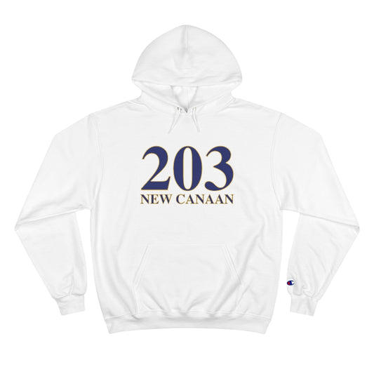 203 New Canaan Champion Hoodie  The 203 New Canaan Collection. Show off New Canaan and Connecticut at the same time. Colors were inspired by the Connecticut state flag.   Proceeds help build Finding New Canaan and Finding Connecticut's brand. 