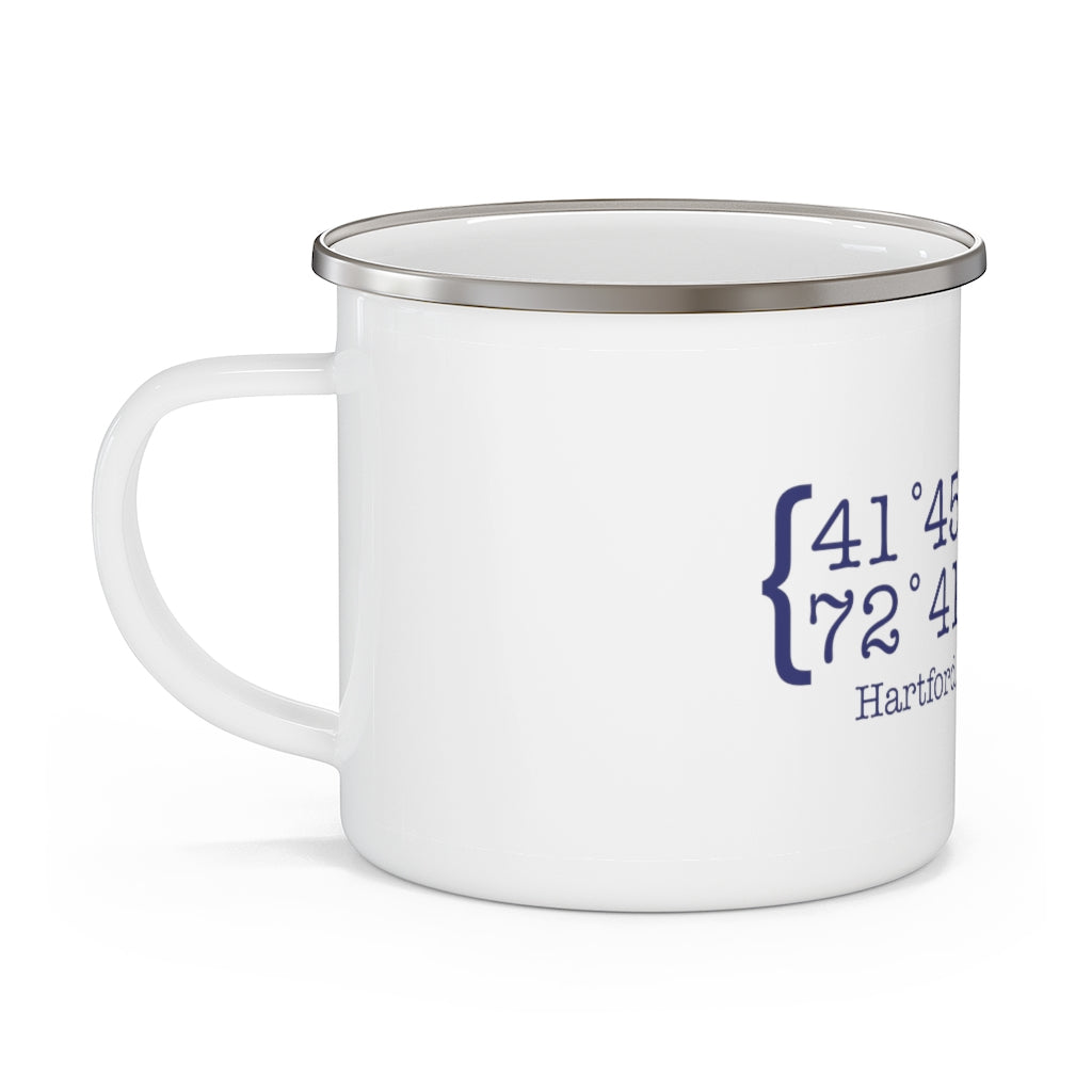 Hartford Coordinates Enamel Camping Mug  Proceeds help grow Finding Connecticut's website and brand.   Click here to return to our home page. 