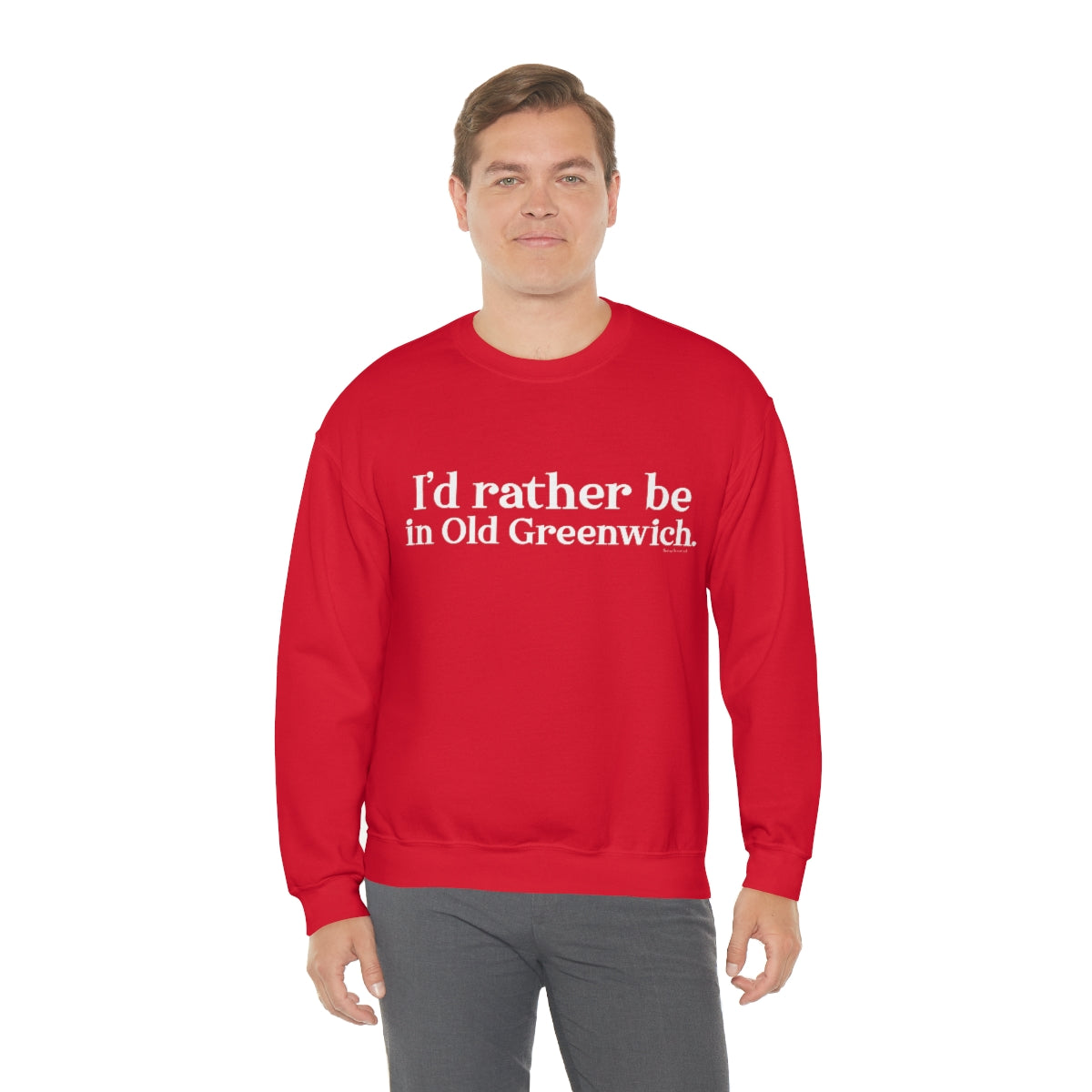 I'd rather be in Old Greenwich. Unisex Heavy Blend™ Crewneck Sweatshirt - White Print