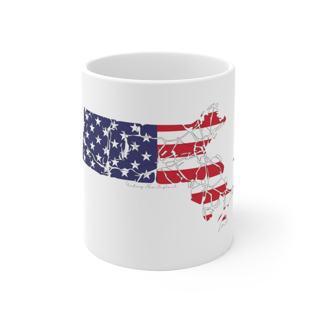 Massachusetts  American Flag collection has tee shirts, mugs, reusable bags, and other apparel and gifts. All proceeds goes to help build the Finding New England brand and get our website up and going. Free shipping on all products. 