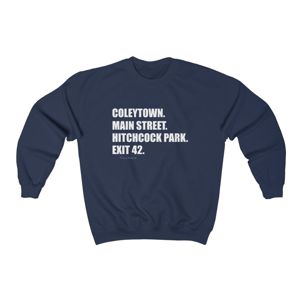 Coleytown. Main Street. Hitchcock Park. Exit 42. Unisex Heavy Blend Crewneck Sweatshirt   How do you say Westport without saying Westport? Westport, Connecticut is filled with unique aspects. Each providing different elements that make up the town from historic to modern traditions.   Proceeds of this collection goes to help build Finding Westport and Finding Connecticut's  brands. 