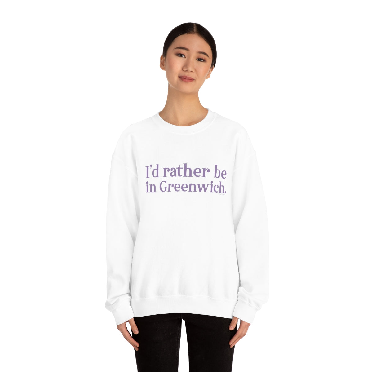 I'd rather be in Greenwich. Unisex Heavy Blend™ Crewneck Sweatshirt - Purple Print