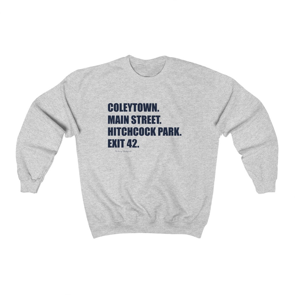 Coleytown. Main Street. Hitchcock Park. Exit 42. Unisex Heavy Blend Crewneck Sweatshirt  How do you say Westport without saying Westport? Westport, Connecticut is filled with unique aspects. Each providing different elements that make up the town from historic to modern traditions.   Proceeds of this collection goes to help build Finding Westport and Finding Connecticut's  brands. 