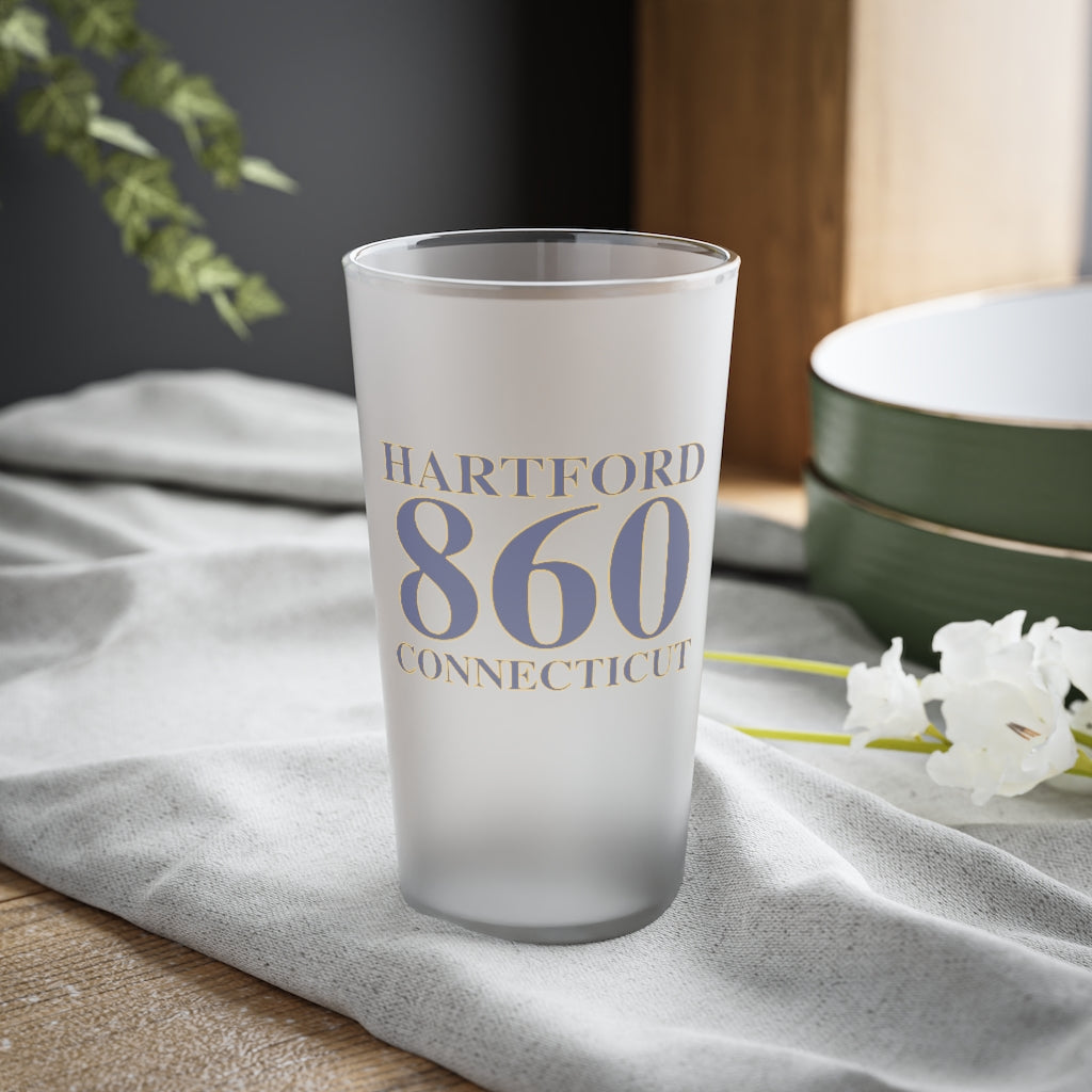 Hartford 860 Connecticut Frosted Pint Glass, 16oz 860 Hartford Collection. Inspired by the Connecticut flag and the 860! Show off for your pride for Connecticut and Hartford!   Proceeds of this collection go to help build Finding Connecticut’s website and brand. • Free USA shipping   Click here to go to our home page