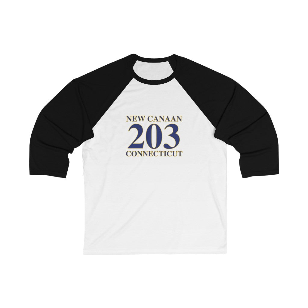 New Canaan 203 Connecticut Unisex 3/4 Sleeve Baseball Tee  The 203 New Canaan Collection. Show off New Canaan and Connecticut at the same time. Colors were inspired by the Connecticut state flag.   Proceeds help build Finding New Canaan and Finding Connecticut's brand. 