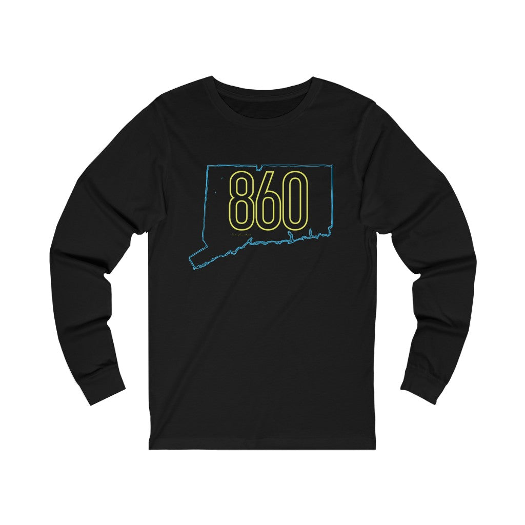 Connecticut shirt. New Britain, southington, willimantic,  Bristol, old say brook, Torrington, east hartford, Windsor, Farmington, Glastonbury, West Hartford, Windsor locks, new milford, putnumn, storrs  simsbury, deep river, vernon rockville, Wethersfield, newington,  mystic, East Hampton, niantic, lcolchester, coventry, Essex, haddam,  old Lyme

860 Connecticut Neon Yellow - 860 Connecticut unisex long sleeve shirt // finding connecticut   