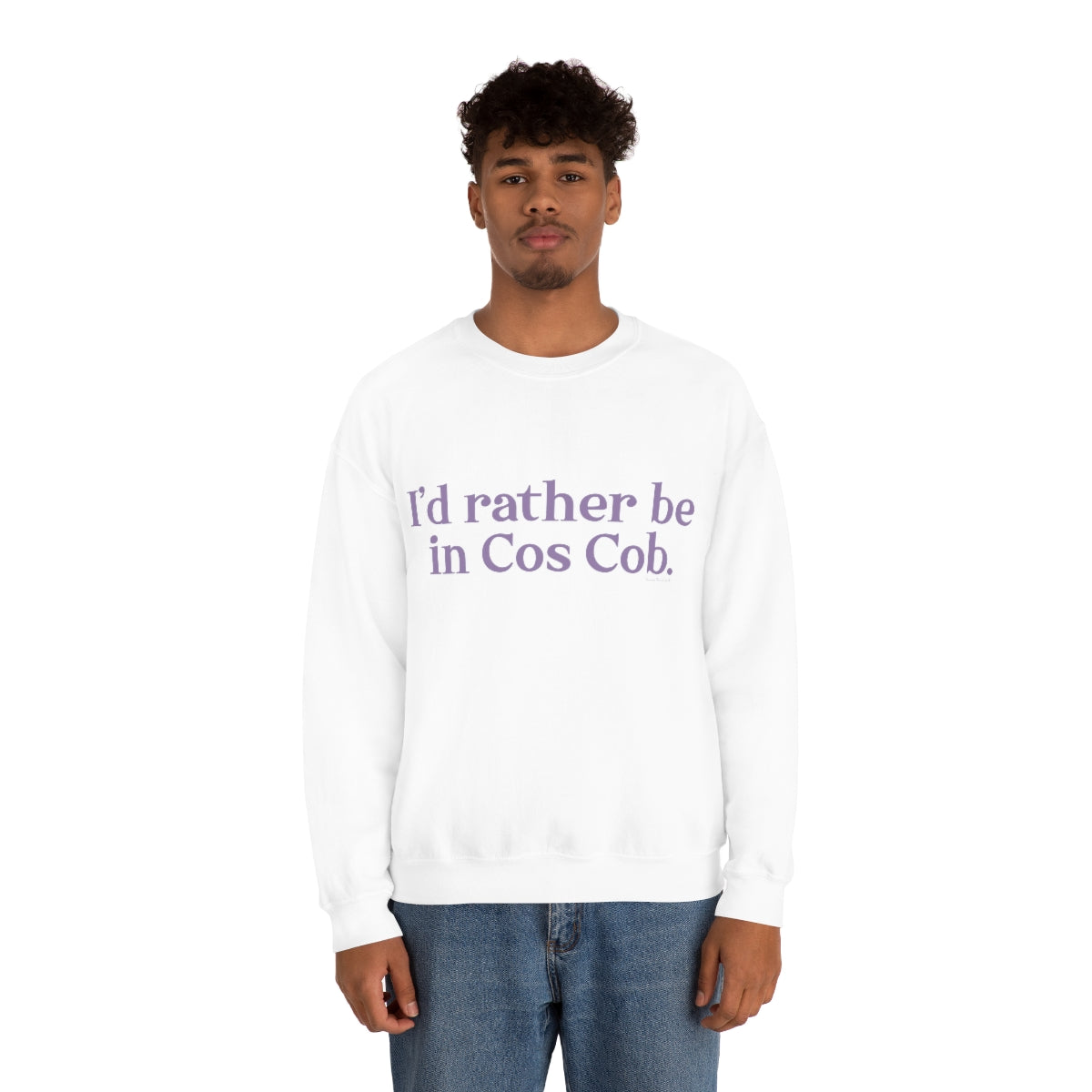 I'd rather be in Cos Cob. Unisex Heavy Blend™ Crewneck Sweatshirt - Purple Print