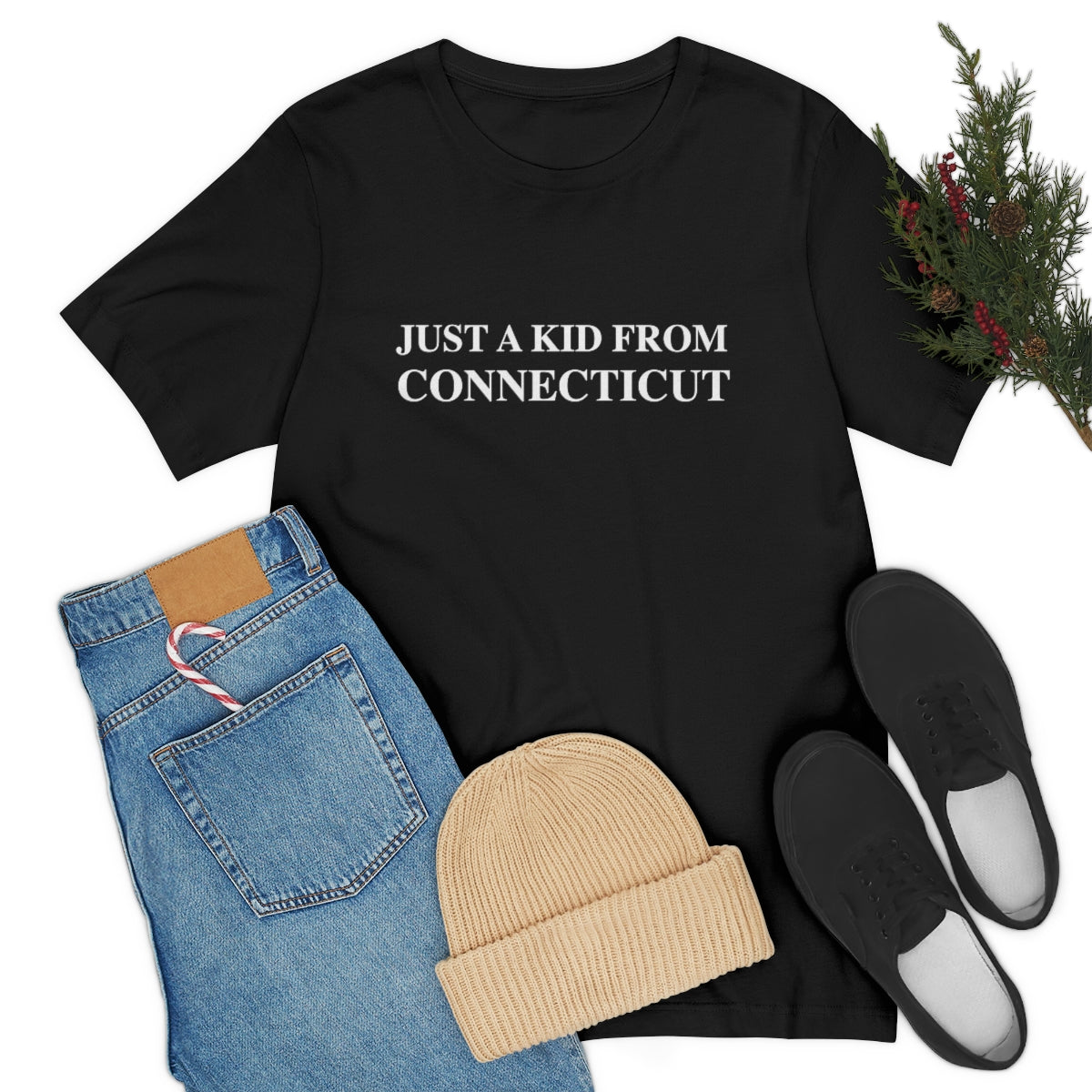 Just a kid from Connecticut Unisex Jersey Short Sleeve Tee - White Font