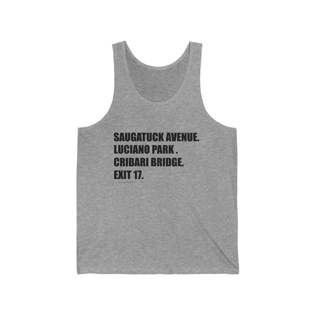 Saugatuck Ave. Luciano Park. Cribari Bridge. Exit 17. Unisex Jersey Tank  How do you say Westport without saying Westport? Westport, Connecticut is filled with unique aspects. Each providing different elements that make up the town from historic to modern traditions.   Proceeds of this collection goes to help build Finding Westport and Finding Connecticut's  brands. 