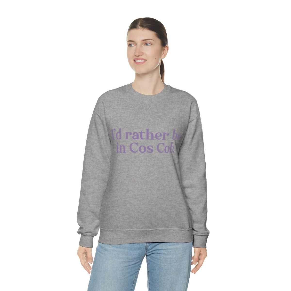 I'd rather be in Cos Cob. Unisex Heavy Blend™ Crewneck Sweatshirt - Purple Print