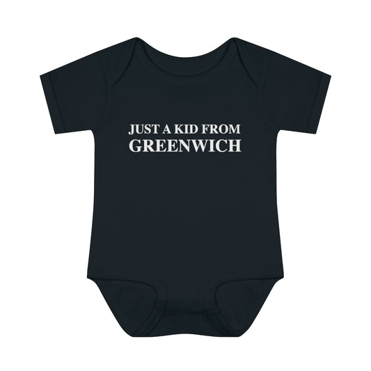 Just a kid from Greenwich Infant Baby Rib Bodysuit