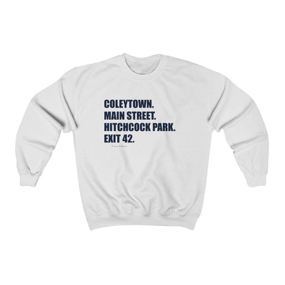 Coleytown. Main Street. Hitchcock Park. Exit 42. Unisex Heavy Blend Crewneck Sweatshirt  How do you say Westport without saying Westport? Westport, Connecticut is filled with unique aspects. Each providing different elements that make up the town from historic to modern traditions.   Proceeds of this collection goes to help build Finding Westport and Finding Connecticut's  brands. 