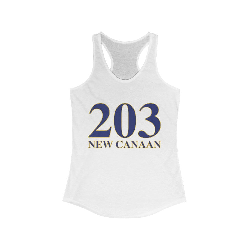 203 New Canaan Women's Ideal Racerback Tank  The 203 New Canaan Collection. Show off New Canaan and Connecticut at the same time. Colors were inspired by the Connecticut state flag.   Proceeds help build Finding New Canaan and Finding Connecticut's brand. 