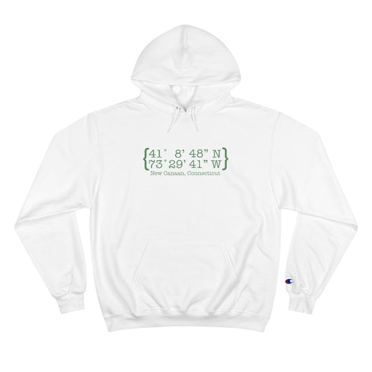 New Canaan Coordinates Champion Hoodie  Does New Canaan, Connecticut always have a special place in your heart. The Coordinates collection marks the spot for the special place you have ties to.   Proceeds helps grow Finding New Canaan and Finding Connecticut's brand grow. 