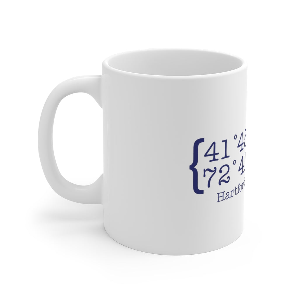 Hartford Coordinates White Ceramic Mug  Proceeds help grow Finding Connecticut's website and brand.   Click here to return to our home page. 