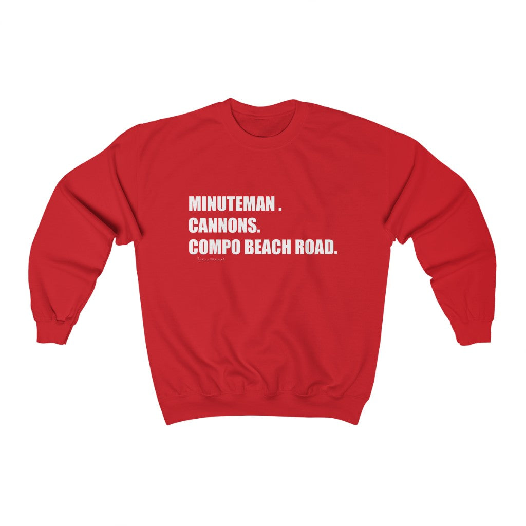 Minuteman. Cannons. Compo Beach Road. Unisex Heavy Blend Crewneck Sweatshirt  How do you say Westport without saying Westport? Westport, Connecticut is filled with unique aspects. Each providing different elements that make up the town from historic to modern traditions. Minuteman. Cannons. Compo Beach Road. You know its Westport.   Proceeds of this collection goes to help build Finding Westport and Finding Connecticut's  brands. 