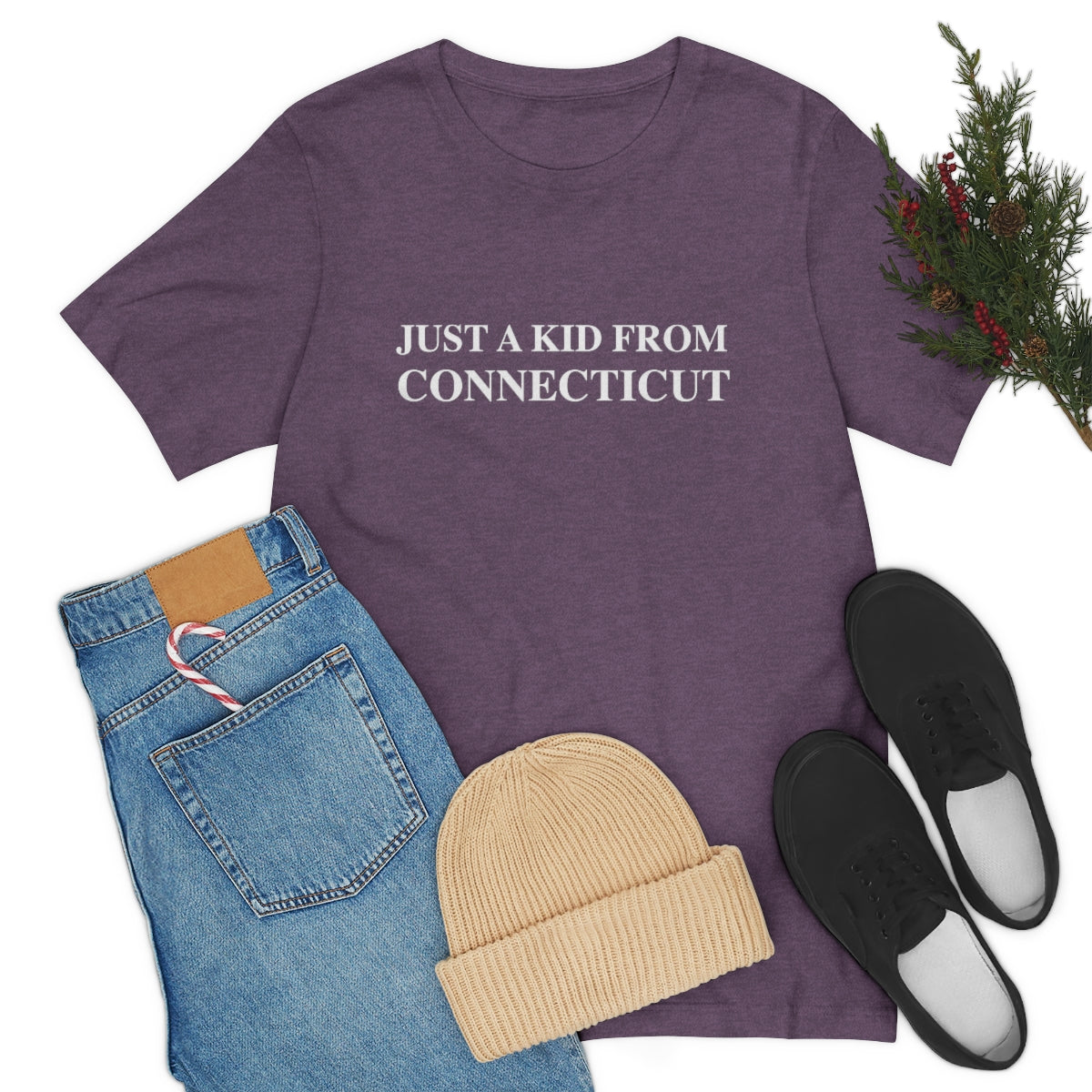 Just a kid from Connecticut Unisex Jersey Short Sleeve Tee - White Font