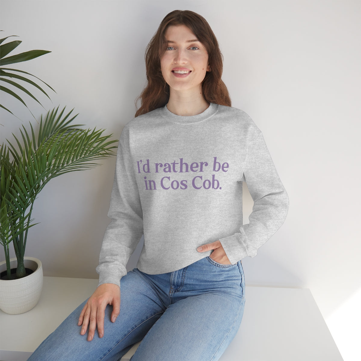 I'd rather be in Cos Cob. Unisex Heavy Blend™ Crewneck Sweatshirt - Purple Print