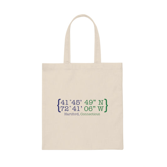 Hartford Coordinates Canvas Tote Bag  Proceeds help grow Finding Connecticut's website and brand.   Click here to return to our home page. 