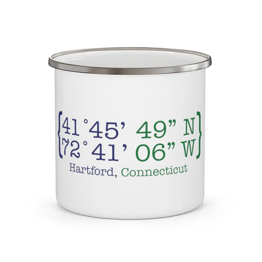 Hartford Coordinates Enamel Camping Mug  Proceeds help grow Finding Connecticut's website and brand.   Click here to return to our home page. 

Hartford Coordinates // Hartford Connecticut camping mug // finding conneticut 