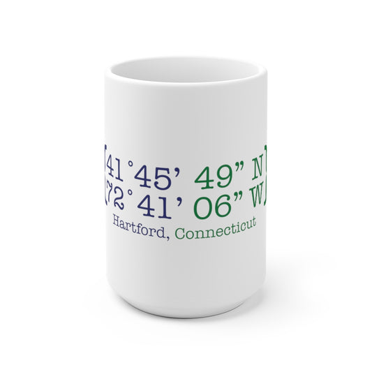 Hartford Coordinates White Ceramic Mug  Proceeds help grow Finding Connecticut's website and brand.   Click here to return to our home page. 

Hartford Coordinates // hartford connecticut coffee mug // finding connecticut