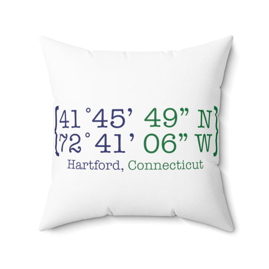 Hartford Coordinates Spun Polyester Square Pillow  Proceeds help grow Finding Connecticut's website and brand.   Click here to return to our home page.

Hartford Coordinates // hartford ct pillow // finding connecticut 