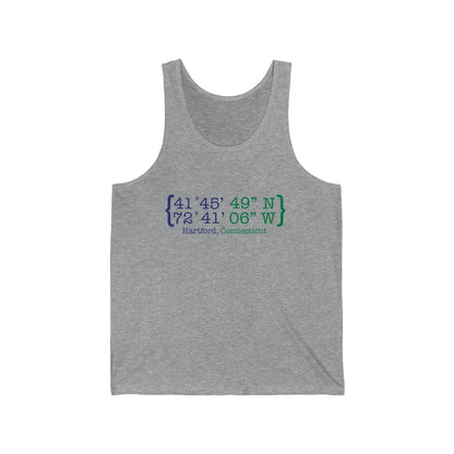 Hartford Coordinates Unisex Jersey Tank  Proceeds help grow Finding Connecticut's website and brand.   Click here to return to our home page.

Hartford Coordinates // hartford connecticut unisex tank top shirt / finding connecticut 