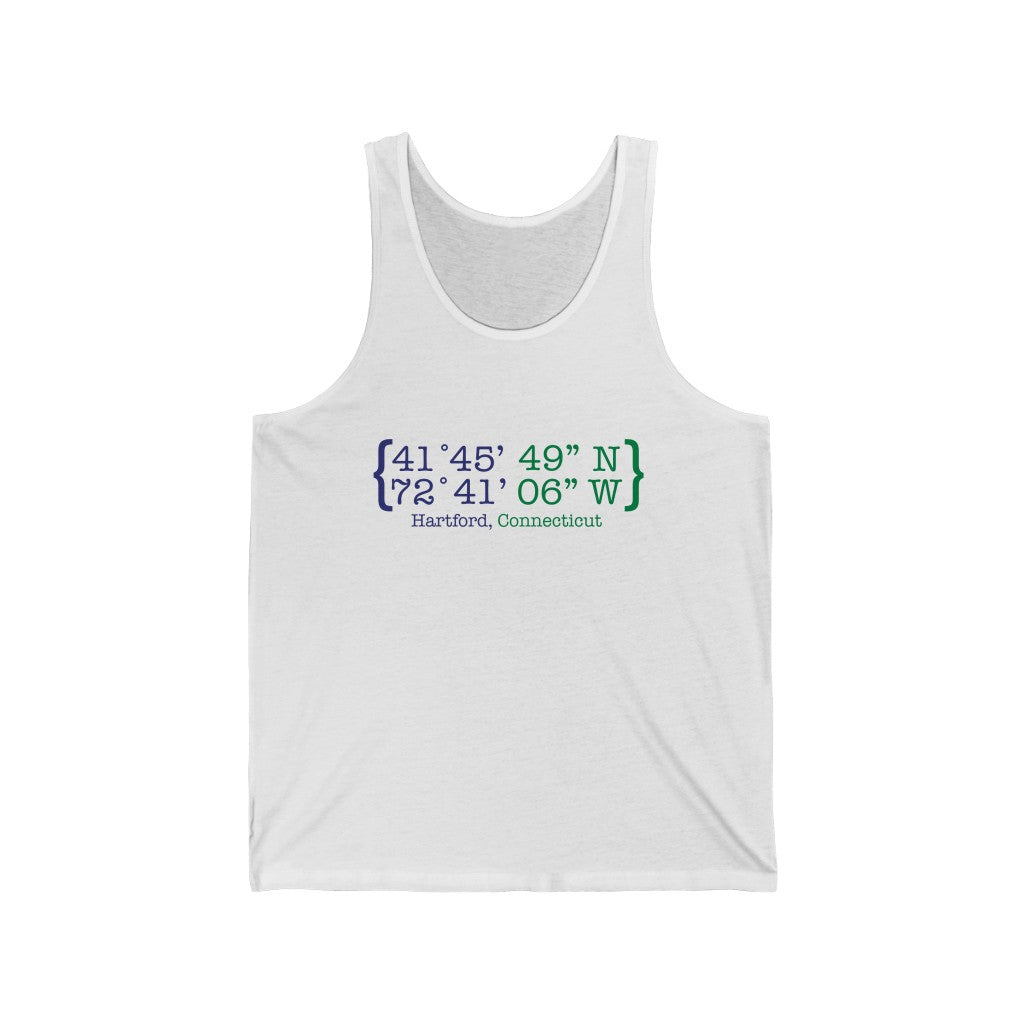 Hartford Coordinates Unisex Jersey Tank  Proceeds help grow Finding Connecticut's website and brand.   Click here to return to our home page.

Hartford Coordinates // hartford connecticut unisex tank top shirt / finding connecticut 