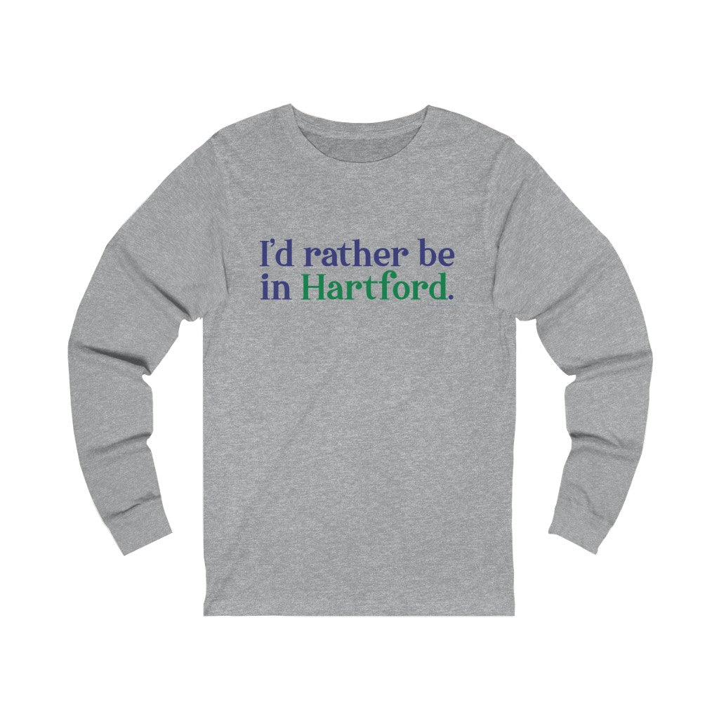 I’d rather be in Hartford Unisex Long Sleeve Tee  Proceeds of this collection go to help build Finding Connecticut’s website and brand. • Free USA shipping.   Click here to go to our home page 

I'd ather be in hartford // hartford conencticut long sleeve t shirt // finding connecticut
